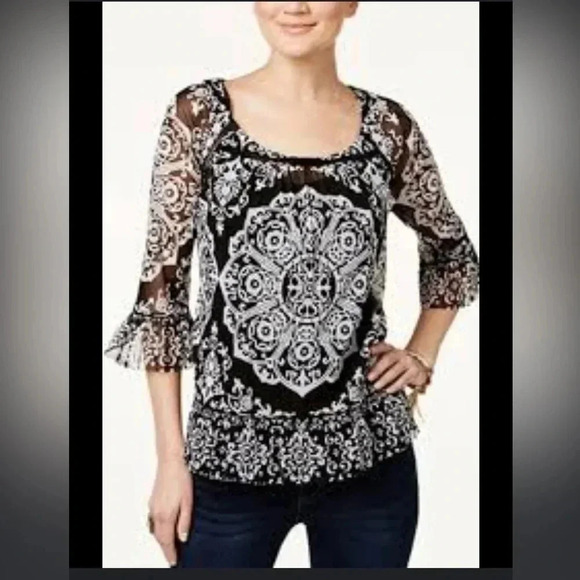 INC International Concepts Tops - INC Women Printed Ruffled Sheer Peasant Top Henna Emblem Size Petite Large